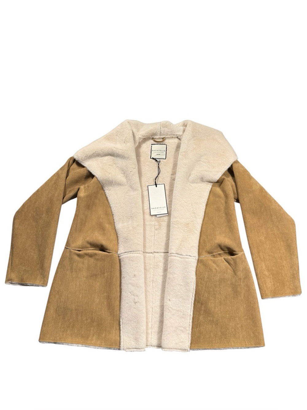 New bagatelle Medium Tan Suede-Look Trench Coat Cream Shearling Trim Fall Cozy